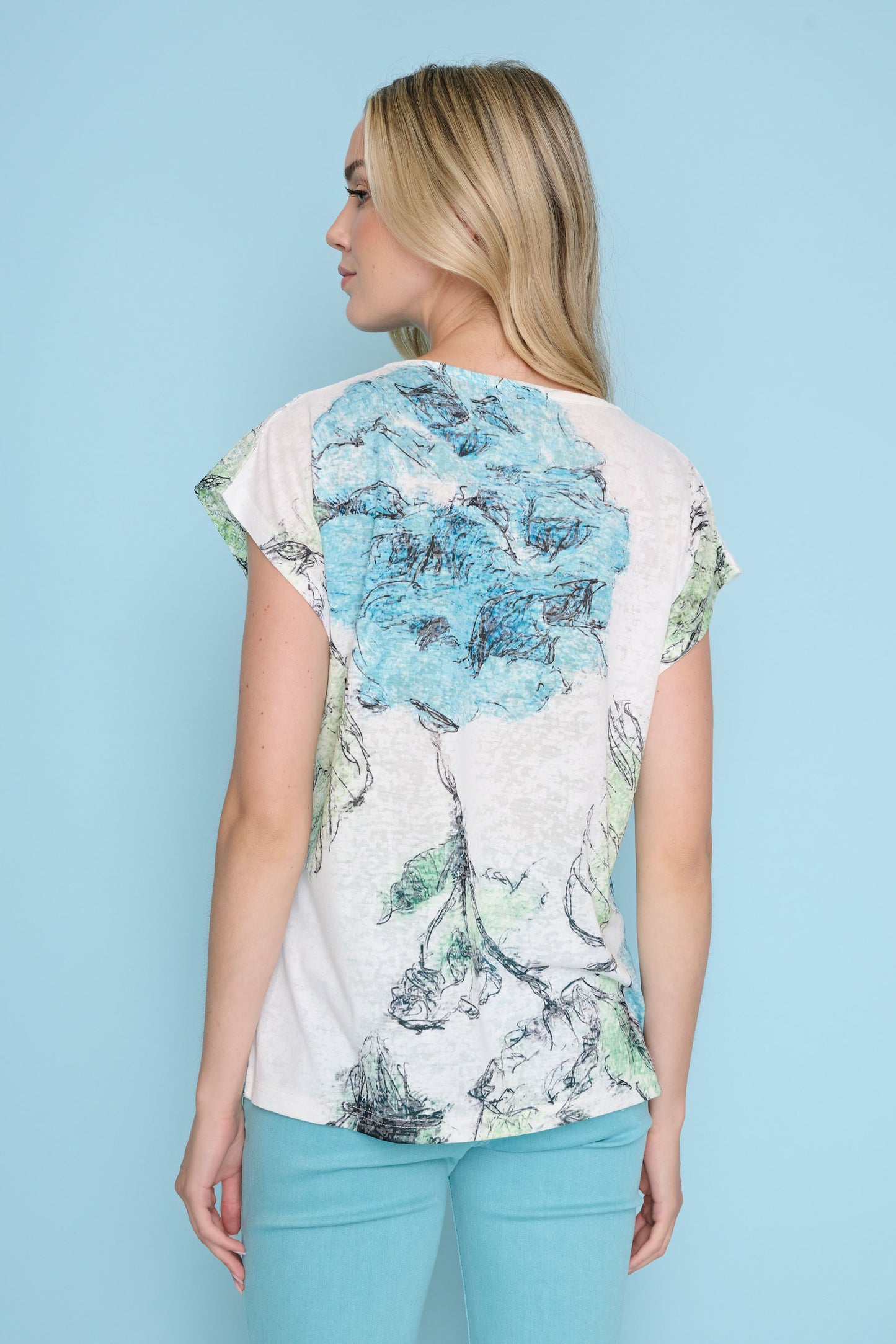 Lace Detailing Abstract Print & Rhinestone Embellishments Top. Style PYZU775EY