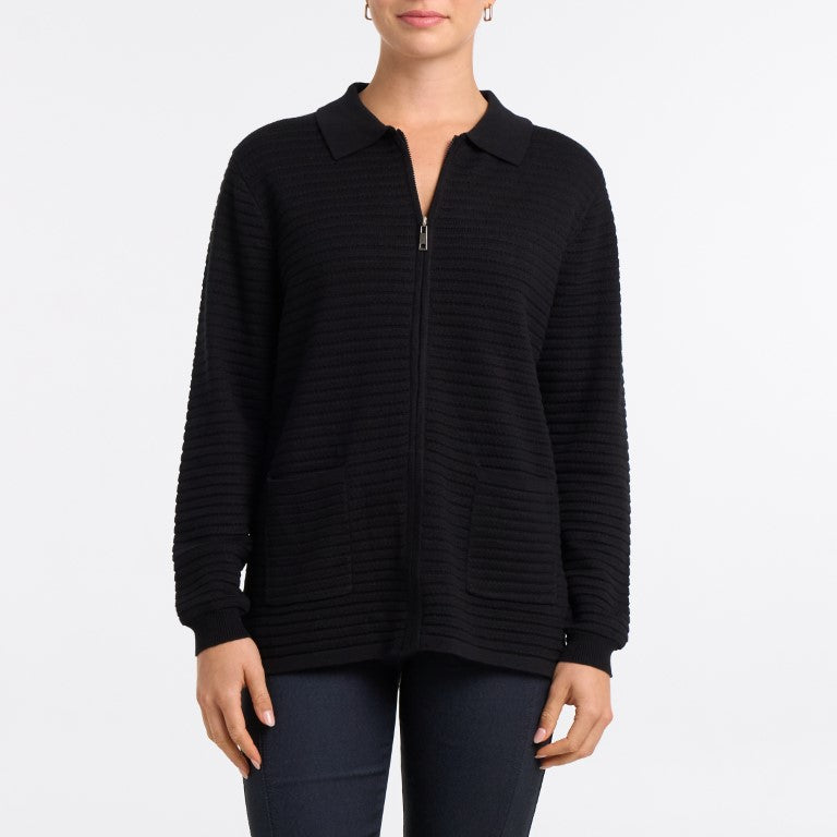 Zip Front Collared Patch Pockets Cardigan. Style MI26009C