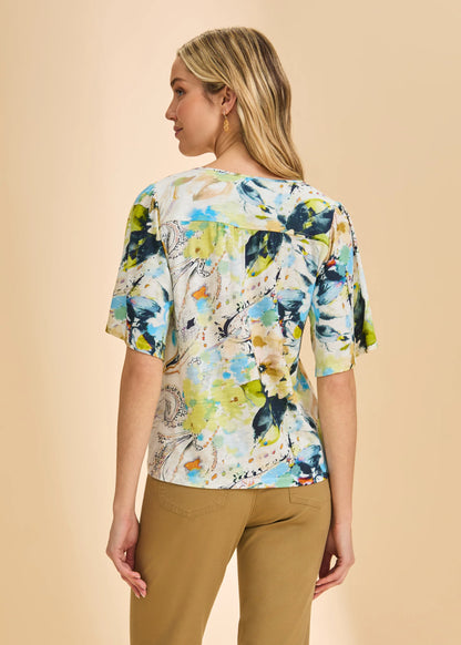 Flutter Sleeve Tie Neckline Floral Top. Style FD3956476