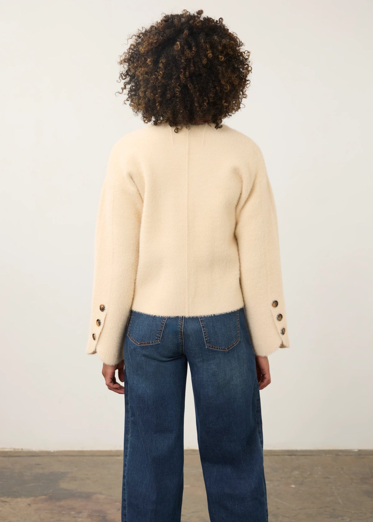 Collarless Fuzzy Knit Button Front Jacket. Style FD10047431