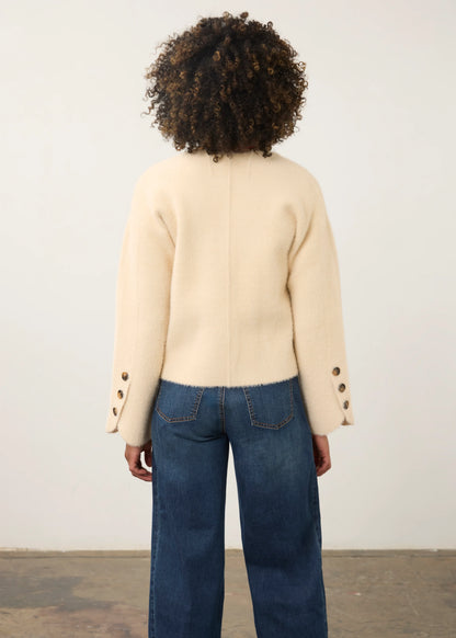 Collarless Fuzzy Knit Button Front Jacket. Style FD10047431