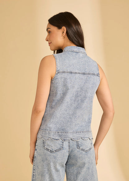 Scalloped Hem Button Front Collared Denim Sleeveless Top. Style FD7182992