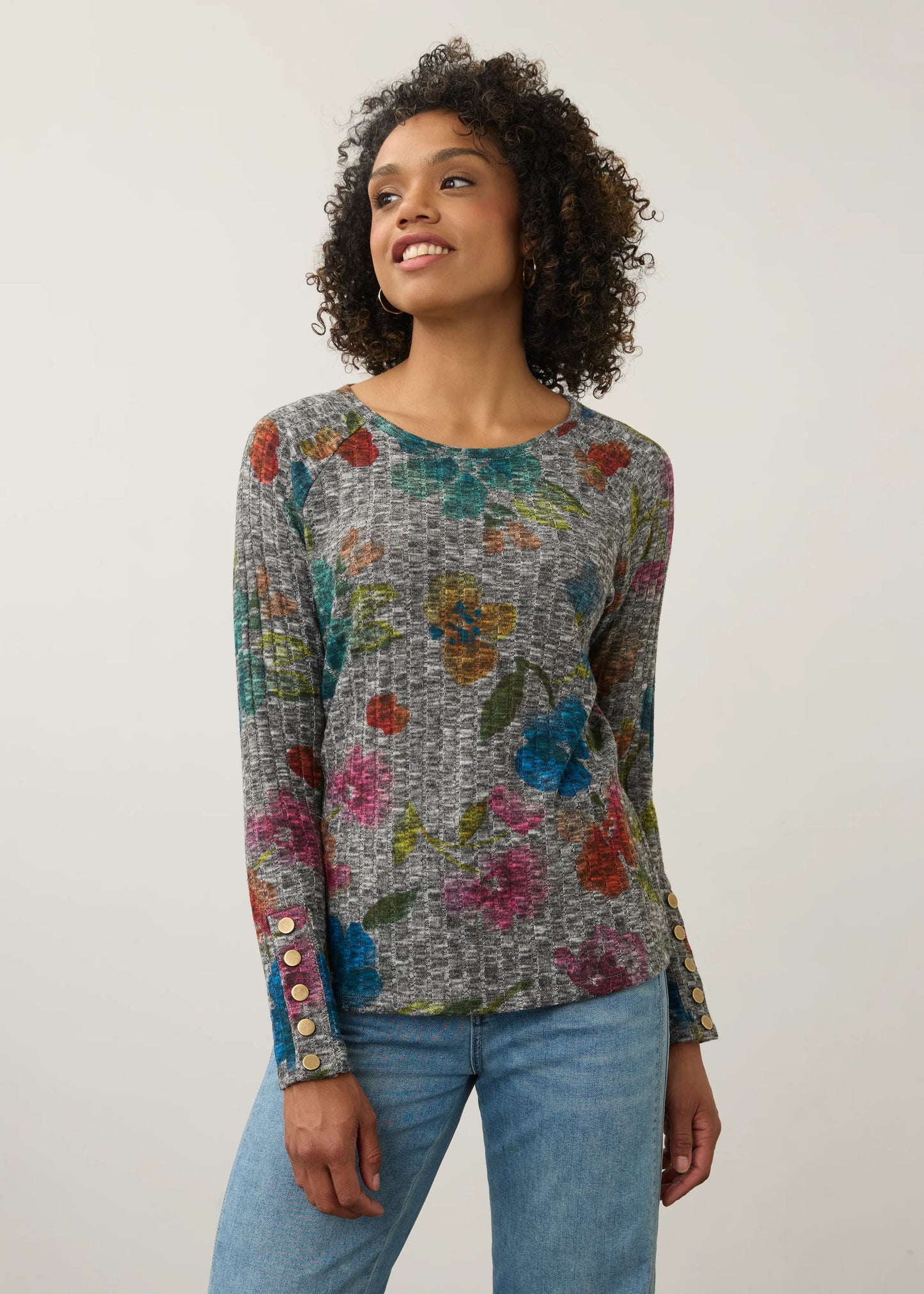 Gold Snap Button Cuff Floral Ribbed Knit Top. Style FD3359508