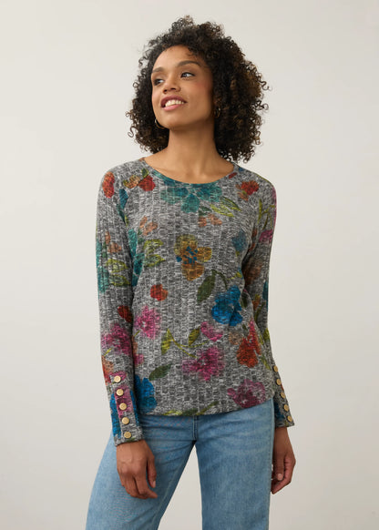 Gold Snap Button Cuff Floral Ribbed Knit Top. Style FD3359508