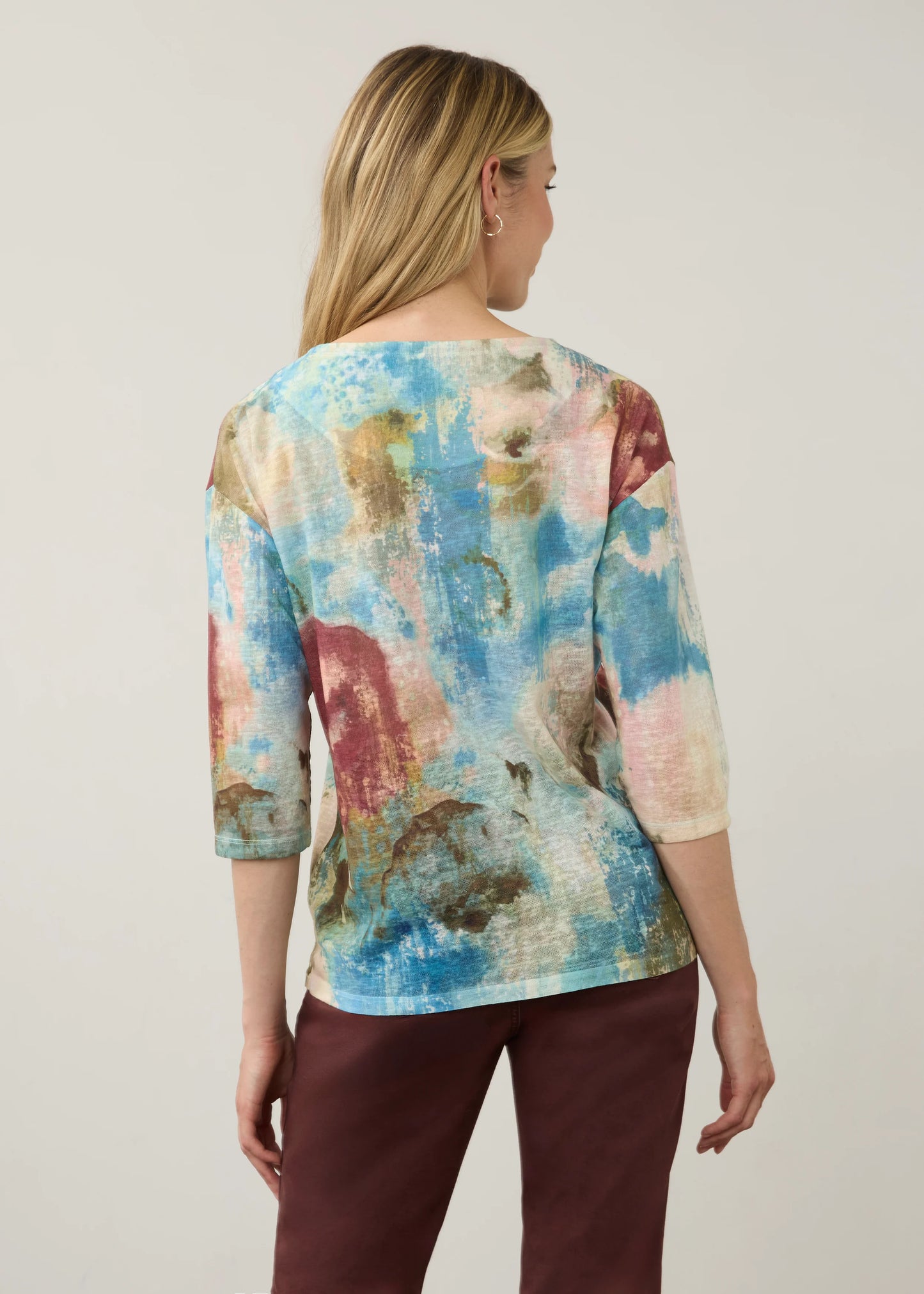 3/4 Sleeve Drop Shoulder Crew Neck Abstract Print Top. Style FD3279451