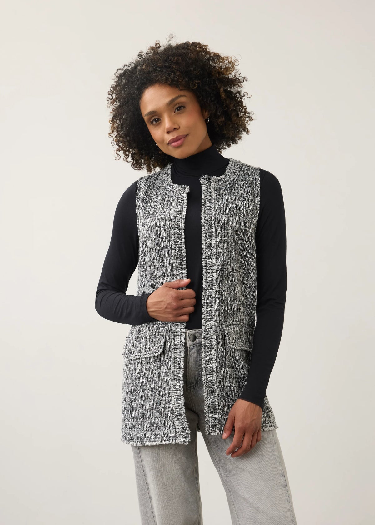 Long Length Open Front Tweed Vest. Style FD10008239