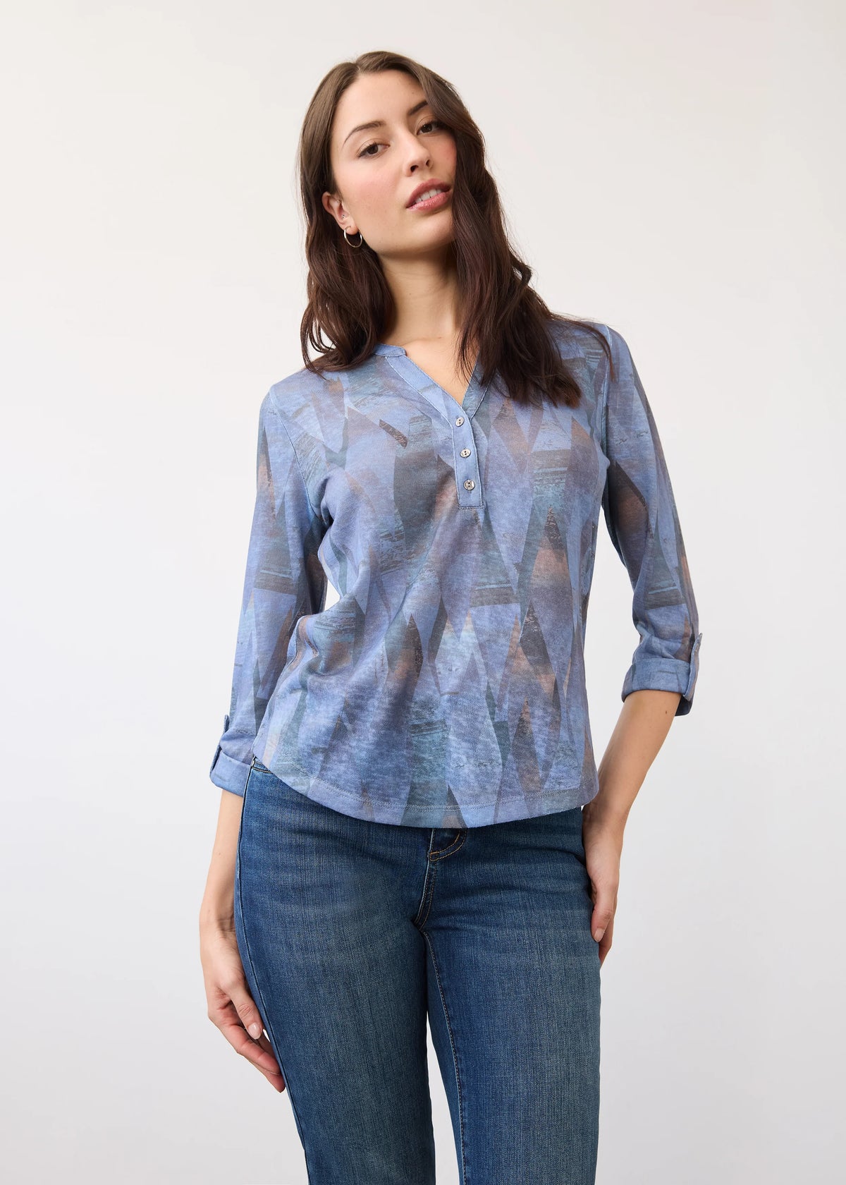 3/4 Sleeve Henley Buttons Printed Top. Style FD3853451