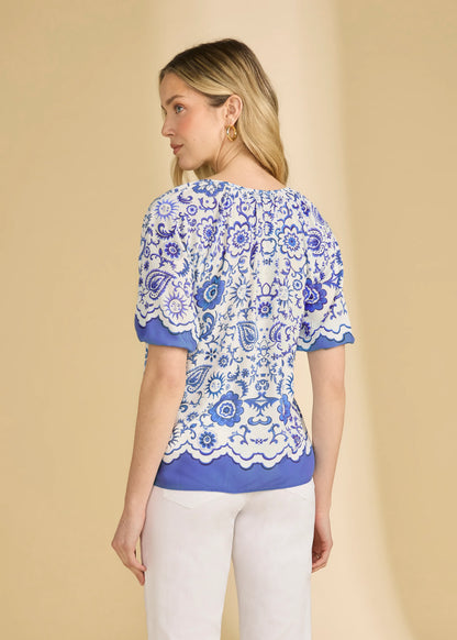Sun & Flower Print Button Front Short Elastic Cuff Sleeves Top. Style FD7706397