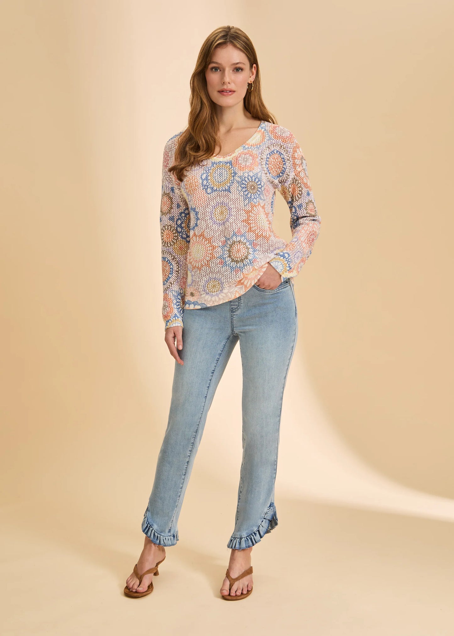 Ruffle Bottom Trim Pencil Leg Pull-On Jean. Style FD2733669S