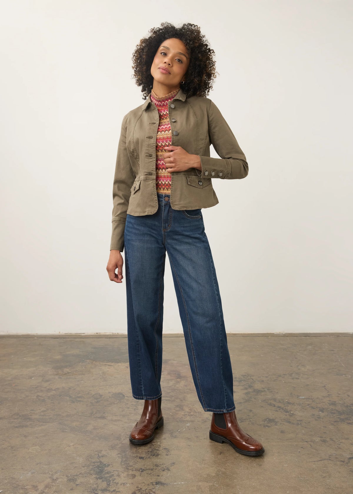 Button Front Contoured Waist Utility Jacket. Style FD10022511