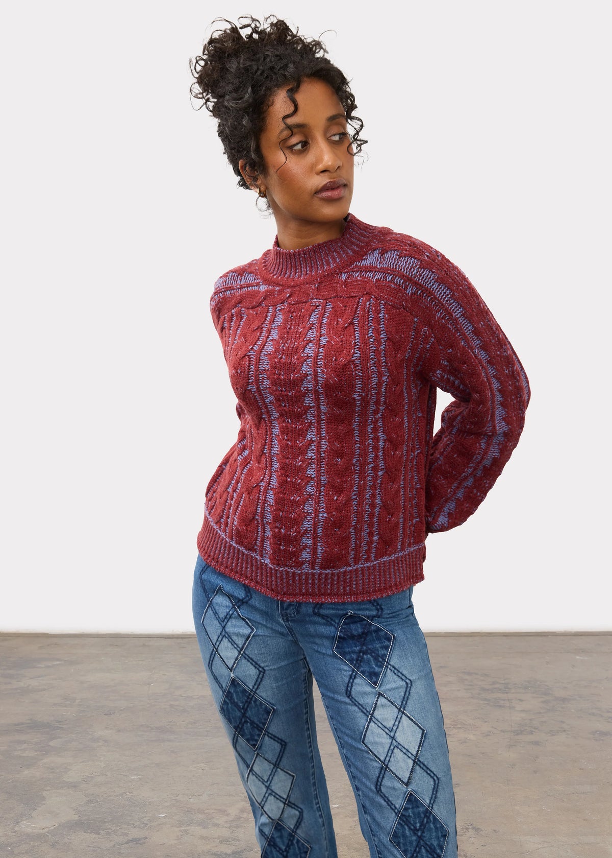 Long Sleeve Cable Knit Two Tone Sweater. Style FD1162781