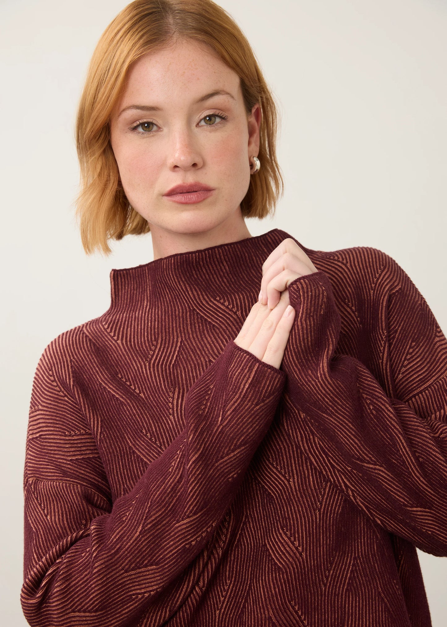 Long Sleeve Funnel Neck Textured Fabric Sweater. Style FD1048314