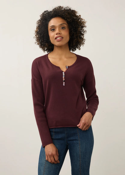 Notch Neck Statement Buttons Ribbed Sleeve Sweater. Style FD1056212