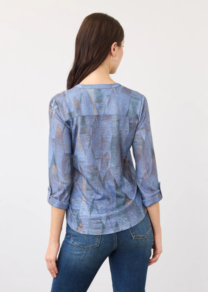 3/4 Sleeve Henley Buttons Printed Top. Style FD3853451