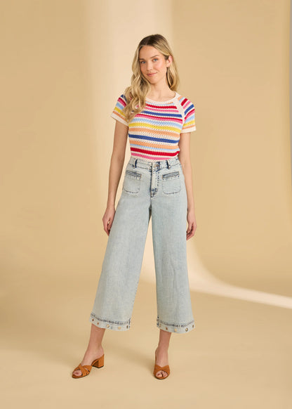 Colourful Stripes Crochet Short Sleeve Top. Style FD1119314