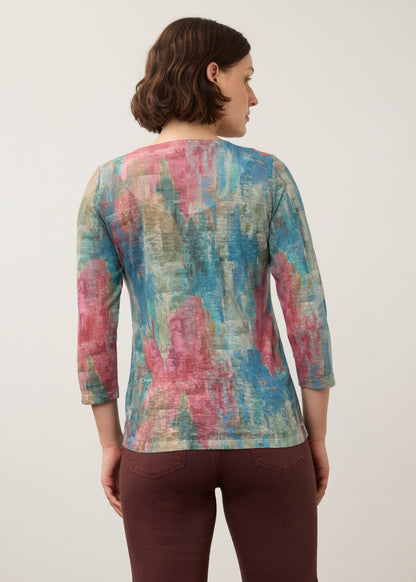 Notch Neck 3/4 Sleeve Abstract Print Top. Style FD3342451