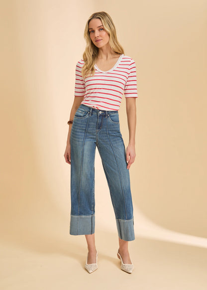 Fringed V-Neck Short Sleeve Striped Top. Style FD3641788