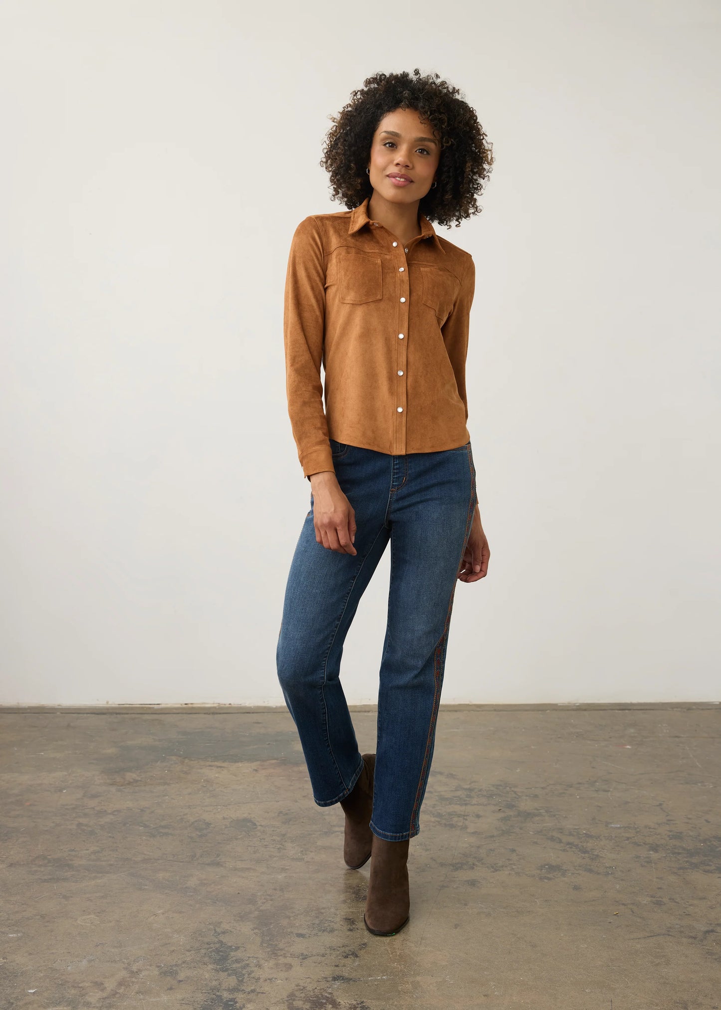Long Sleeve Button Front Suede Top. Style FD7476196