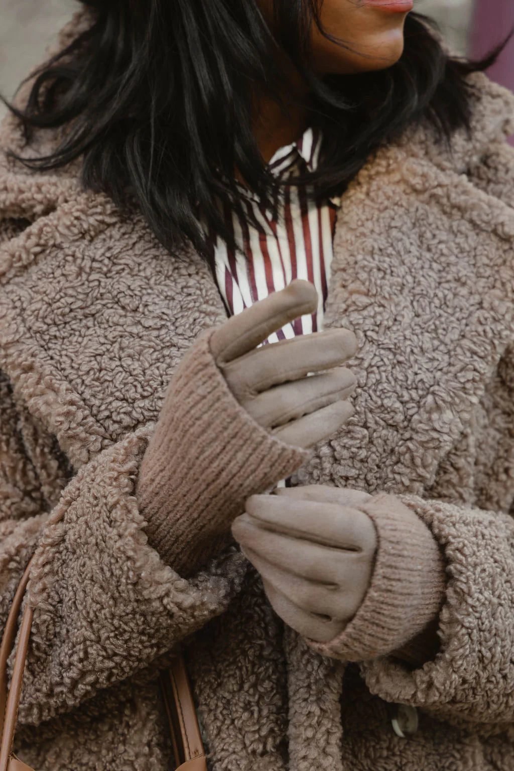 Detachable Ribbed Knit Wrist Warmer Faux Suede Gloves. Style CARA9010-BRN