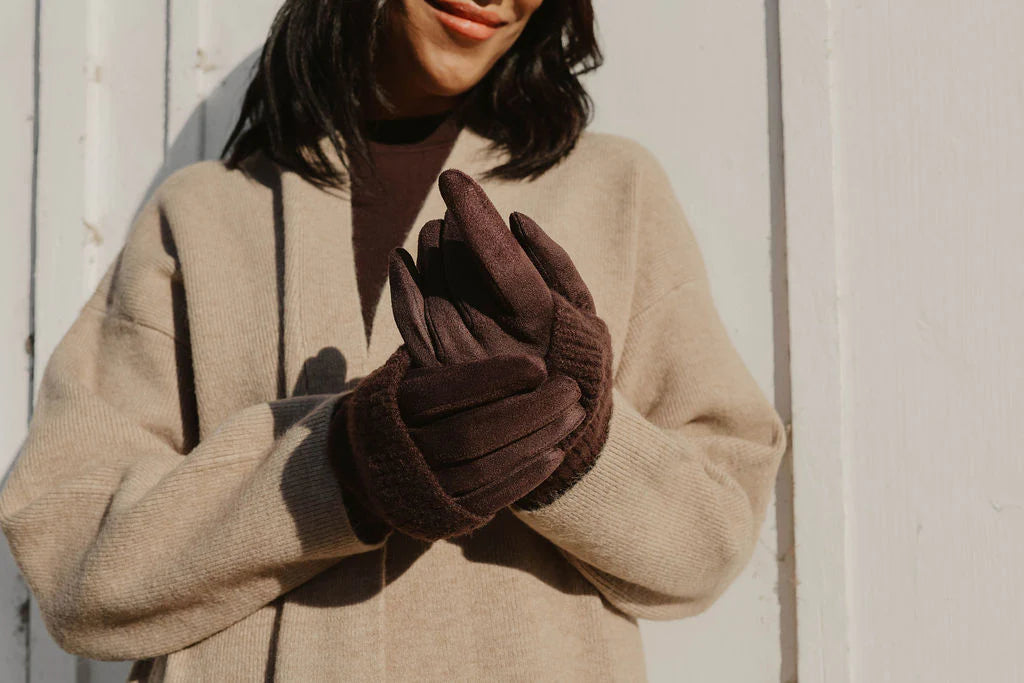 Detachable Ribbed Knit Wrist Warmer Faux Suede Gloves. Style CARA9010-BRN