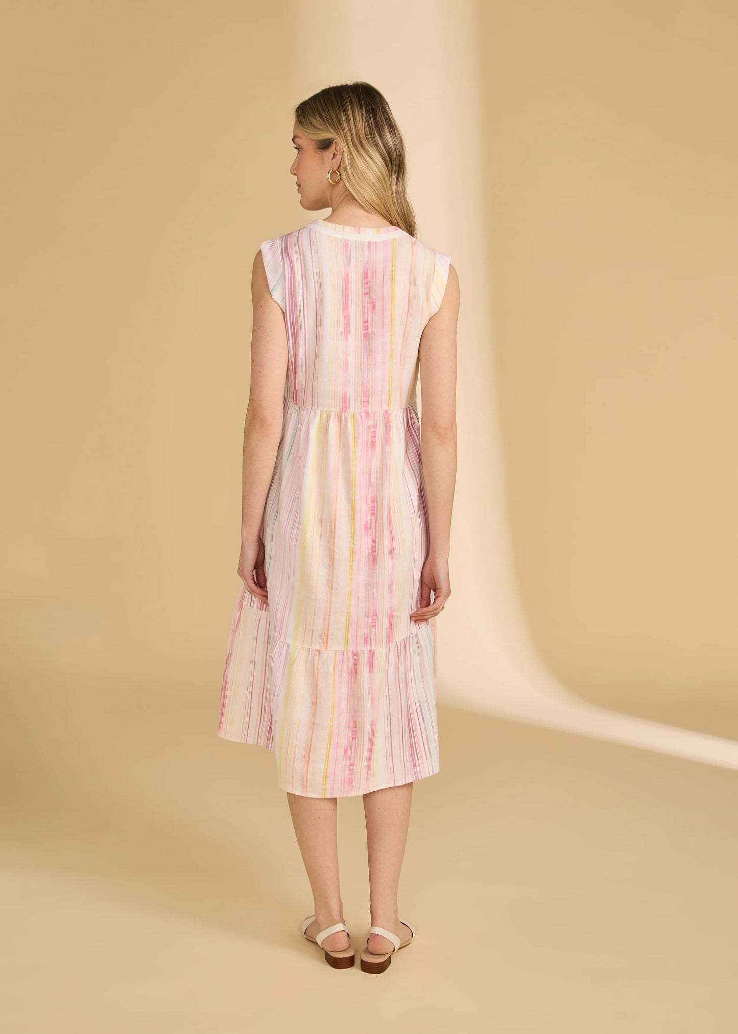 Cap Sleeves Striped Design Tiered Midi Dress. Style FD7632864
