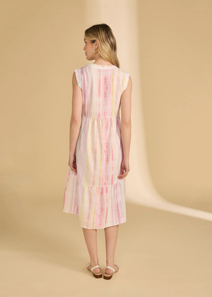 Cap Sleeves Striped Design Tiered Midi Dress. Style FD7632864