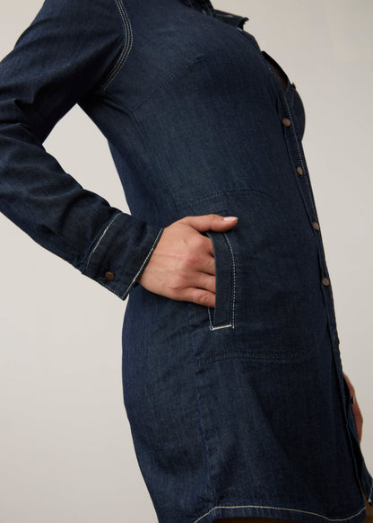 Long Sleeve Button Front Denim Tunic. Style FD7325992
