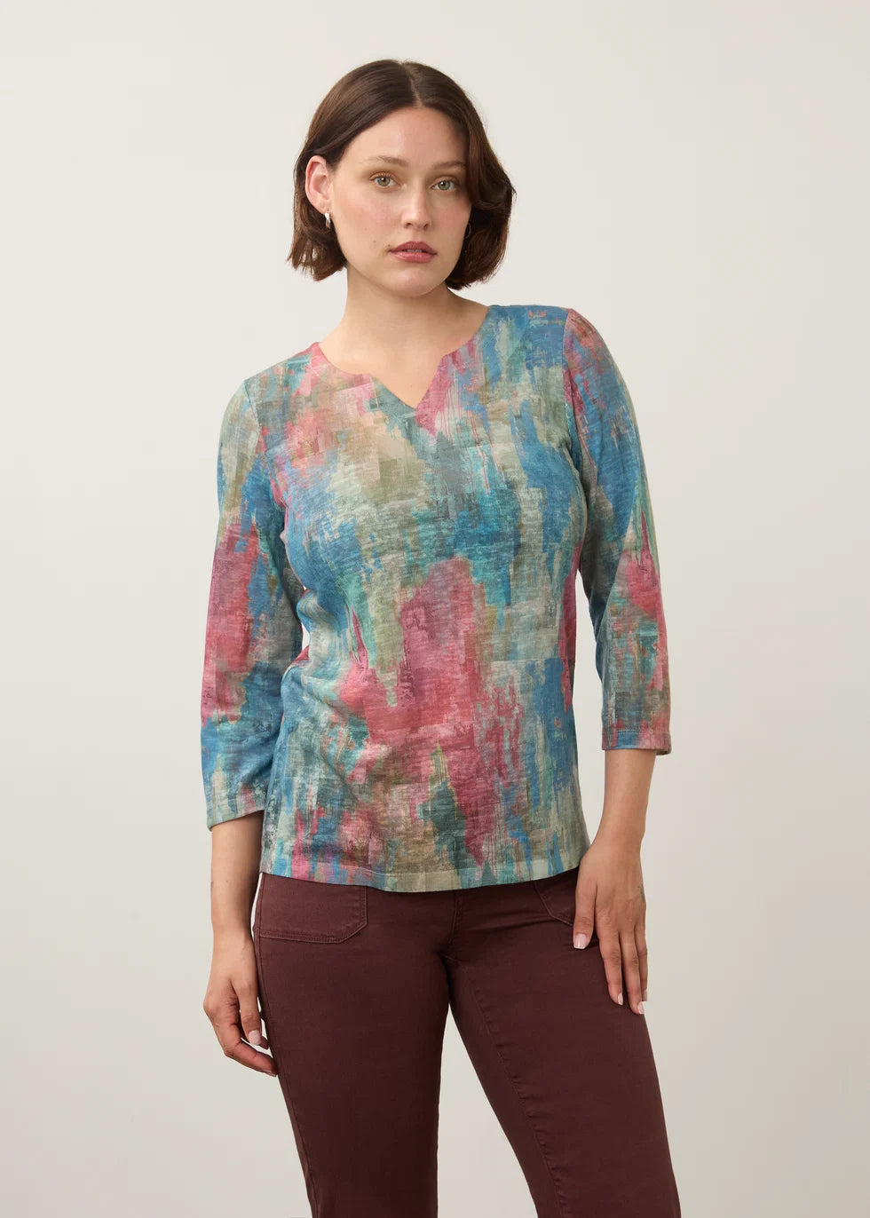 Notch Neck 3/4 Sleeve Abstract Print Top. Style FD3342451