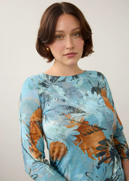 Abstract Floral Print Boat Neck Side Gathers Top. Style FD3808756