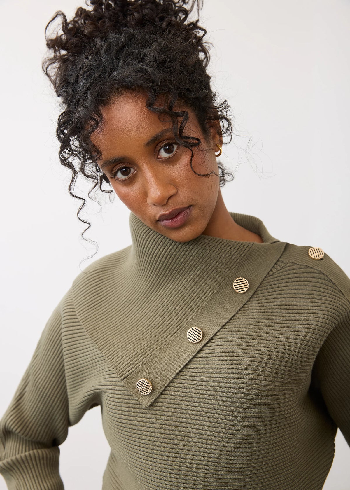 Envelope Collar Button Detail Ribbed Sweater. Style FD1051885