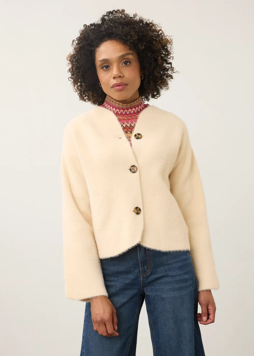 Collarless Fuzzy Knit Button Front Jacket. Style FD10047431