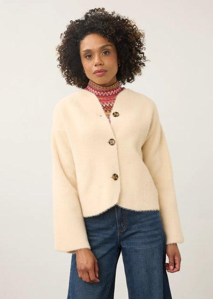 Collarless Fuzzy Knit Button Front Jacket. Style FD10047431