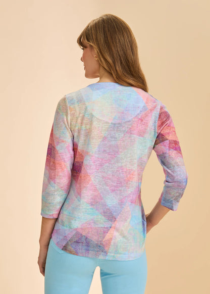 Notch Neck Geometric Print 3/4 Sleeve Top. Style FD3738451