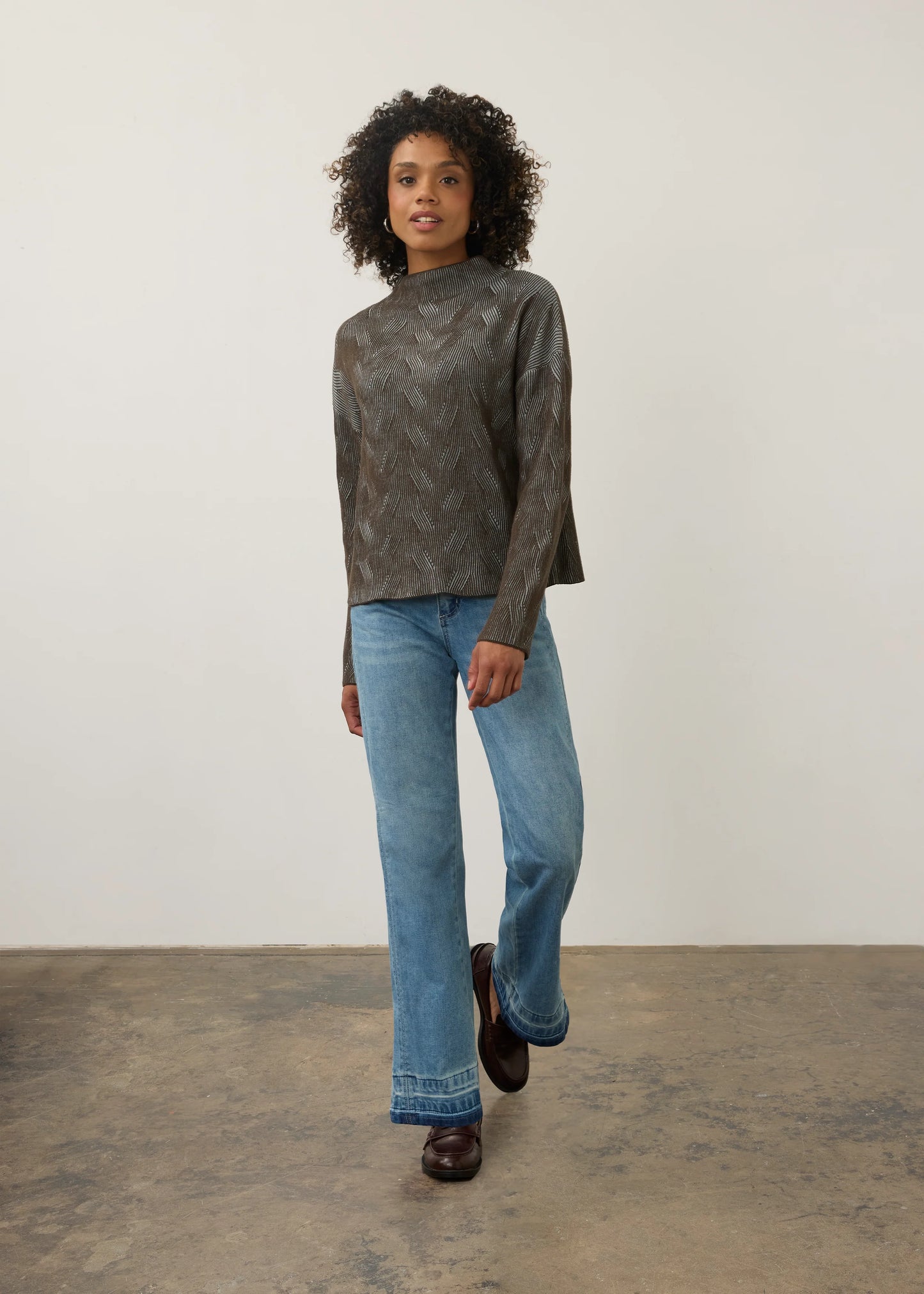 Long Sleeve Funnel Neck Textured Fabric Sweater. Style FD1048314