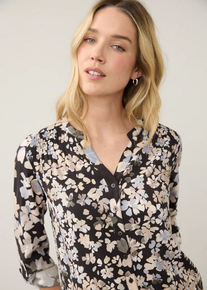 Button Front Collared Smocking Detail Floral Print Top. Style FD7796397