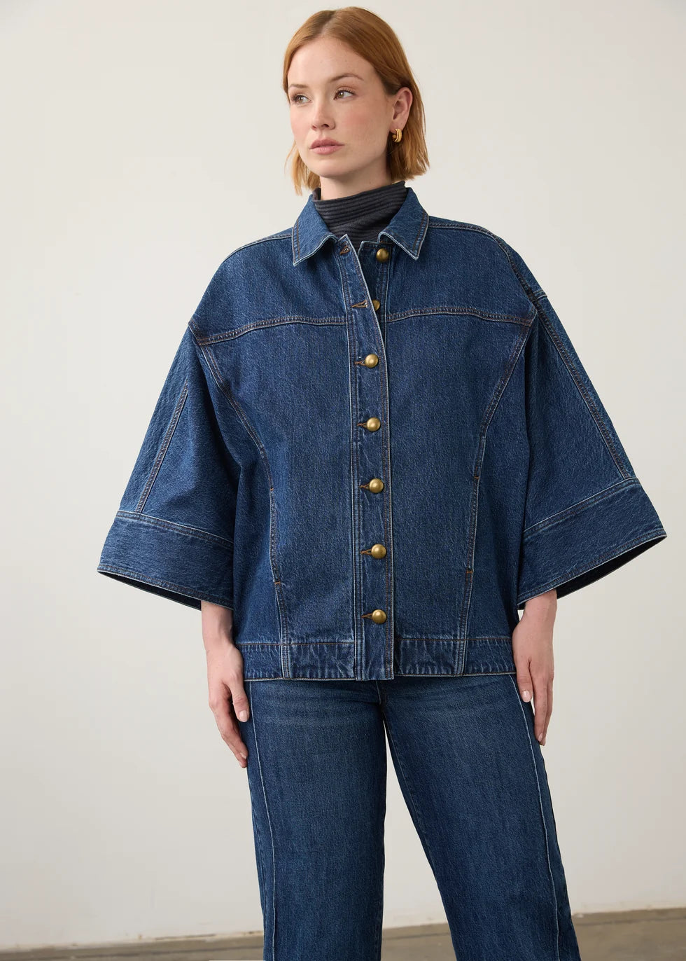 Kimono Sleeve Button Front Denim Jacket. Style FD11010225