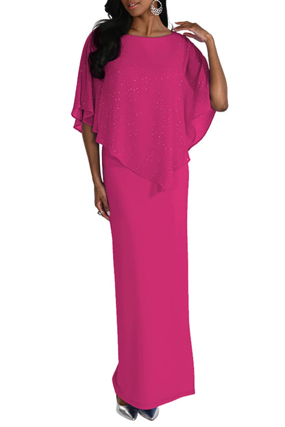 Rhinestone Embellished Cape Maxi Length Dress. Style FL268193