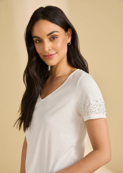 Cotton Pearl Embellished Short Sleeves Top. Style FD3162165