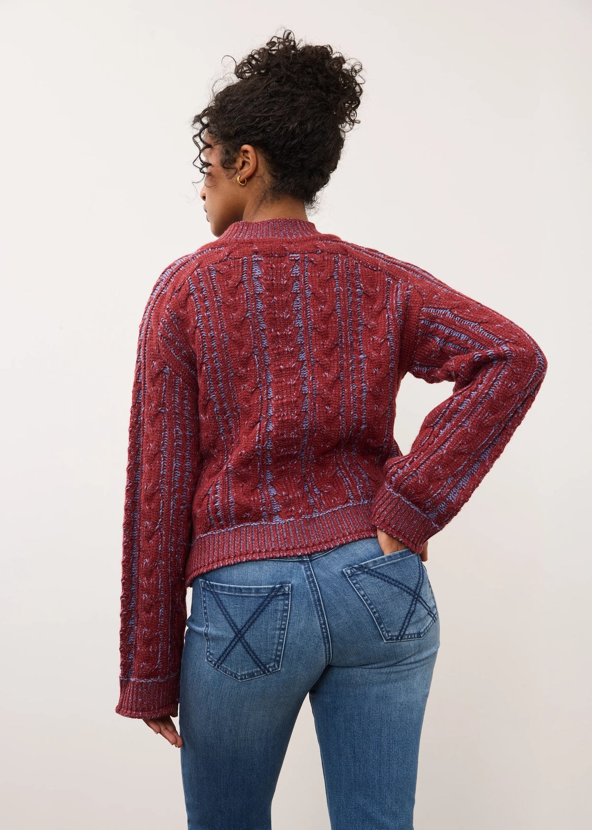 Long Sleeve Cable Knit Two Tone Sweater. Style FD1162781