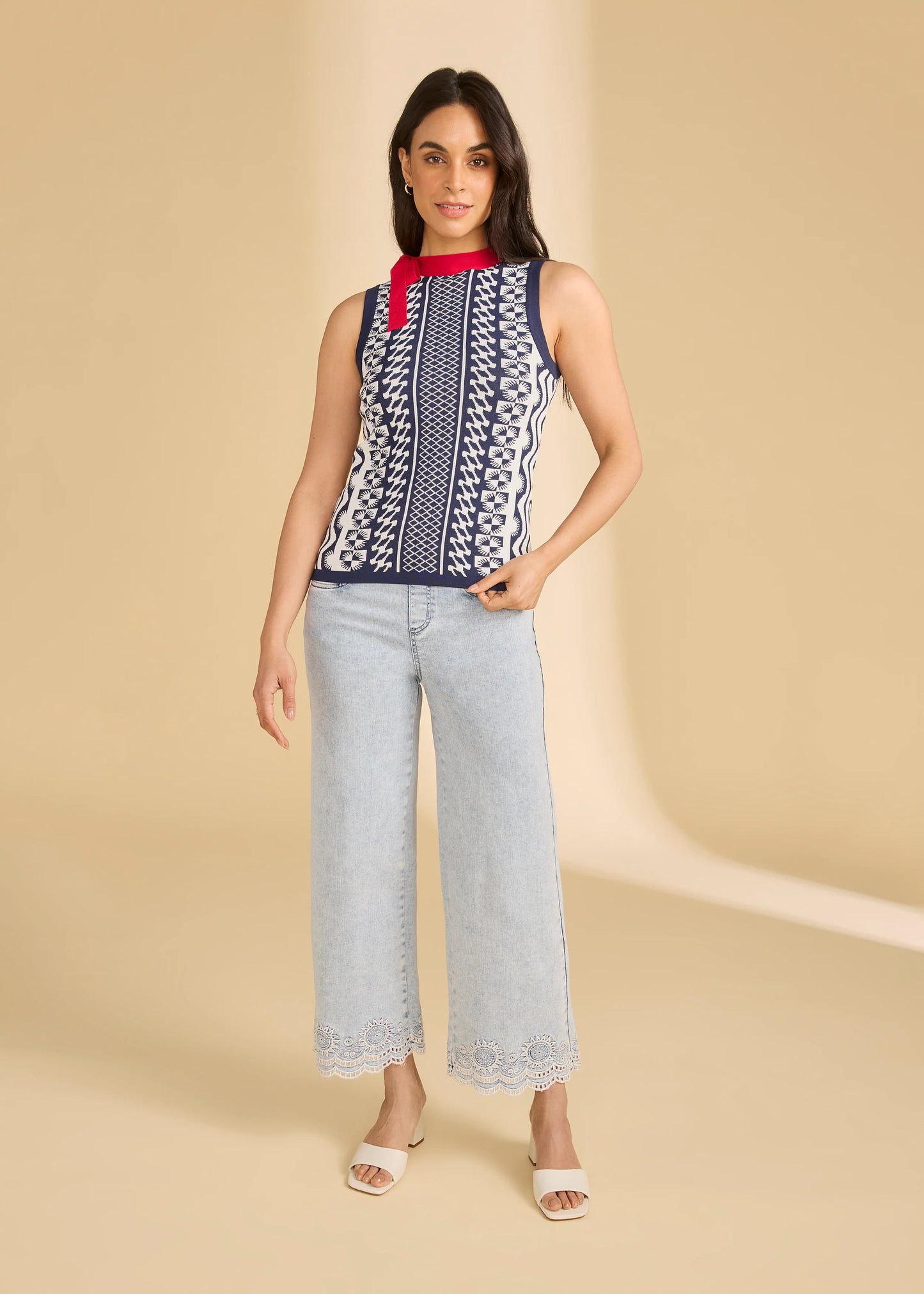 Sleeveless Red Tie Up Neck Detailing Jacquard Tank. Style