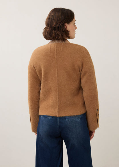 Collarless Fuzzy Knit Button Front Jacket. Style FD10047431