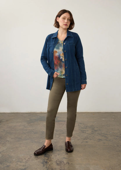 Long Button Front Structured Seams Denim Jacket. Style FD1825131