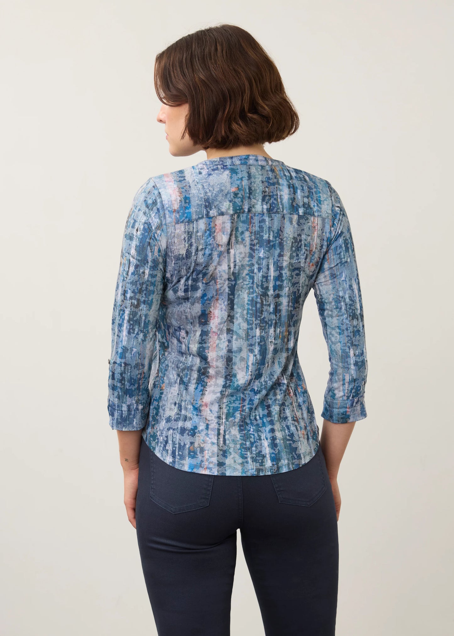 Henley 3/4 Sleeve Abstract Print Top. Style FD3387844