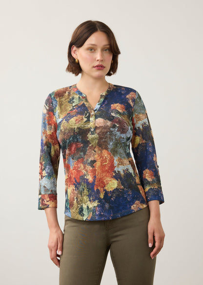 Henley 3/4 Sleeve Abstract Print Top. Style FD3571451