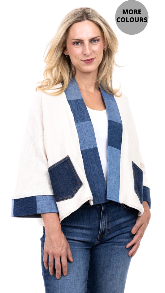 Maple Leaf Applique Open Front Denim Details Cardigan. Style SHNP5841