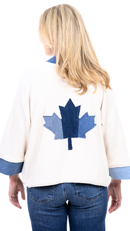 Maple Leaf Applique Open Front Denim Details Cardigan. Style SHNP5841