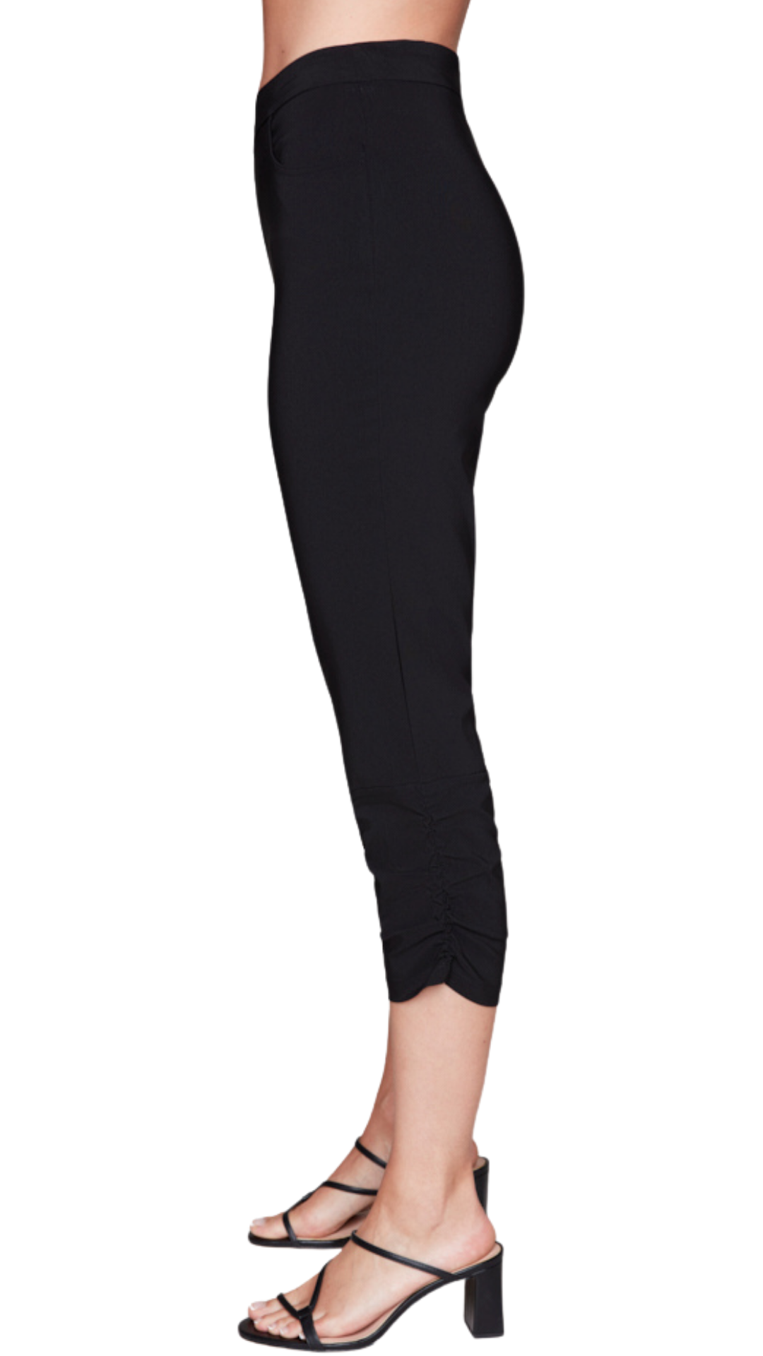 Pull-On Gathered Hem Detail Black Fitted Capri. Style CK8443