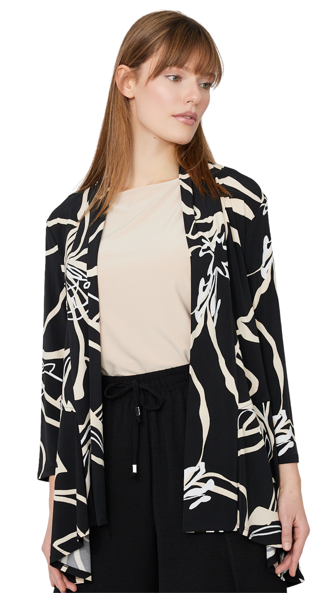 Abstract Black & Beige Print Open Front Cardigan. Style FL261226
