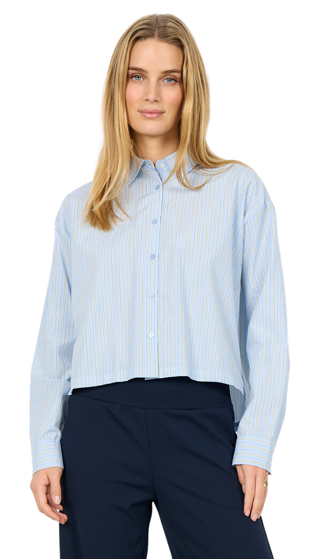 Vertical Stripes Long Sleeve Cropped Button Up Blouse. Style SOYA41608