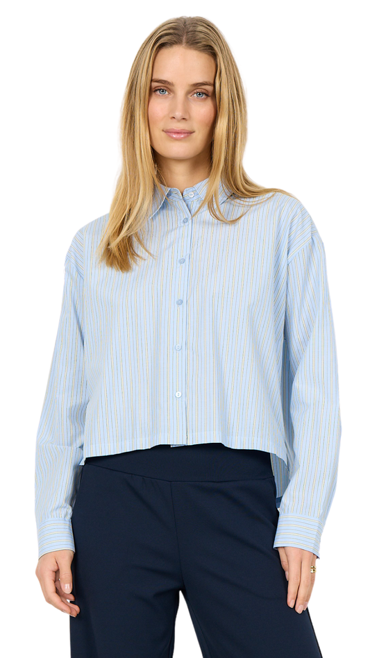 Vertical Stripes Long Sleeve Cropped Button Up Blouse. Style SOYA41608